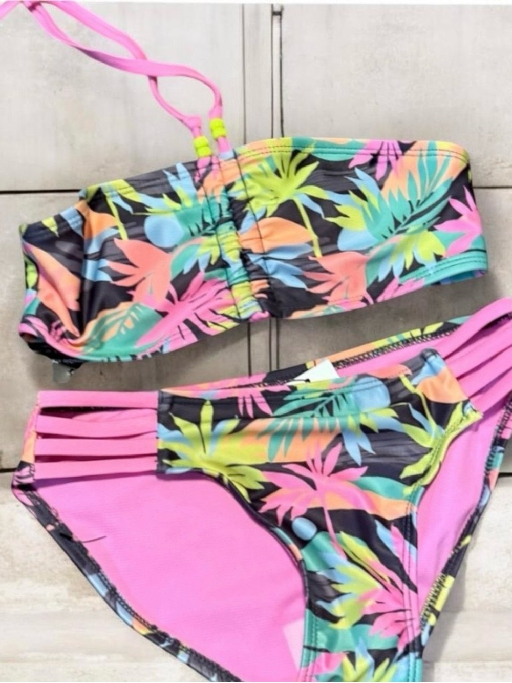 Buy 1 get 1 free art class Pink, Blue & Mint Tropical Leaf Two-Piece Bikini - Picture 6 of 7